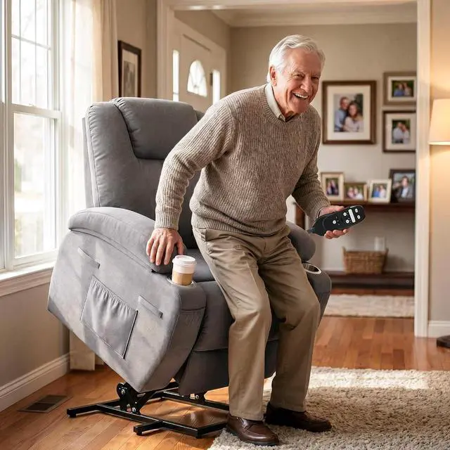 Alt view image 3 of 7 - Power Lift Chair Massage Recliner Chairs for Elderly - Ergonomic Design with Cup Holders & Side Pockets, Remote Control (Gray)