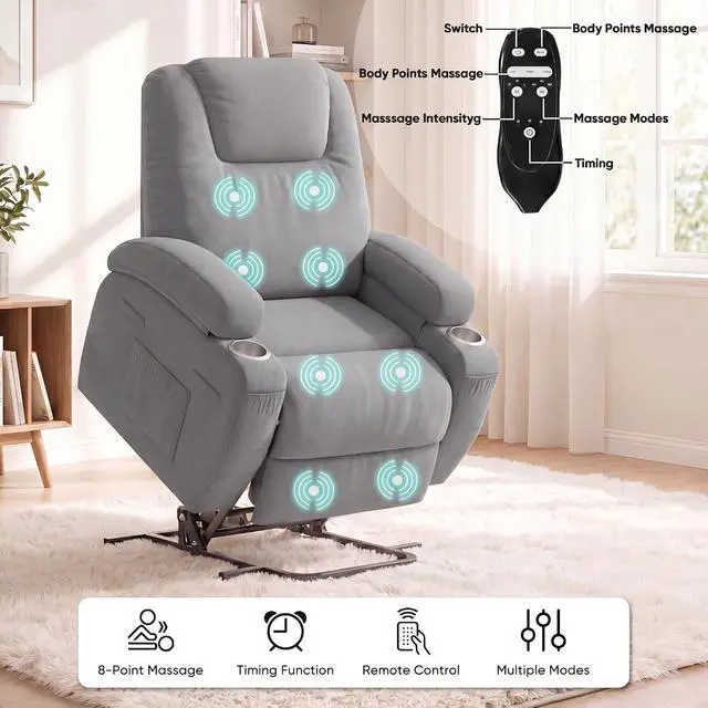 Alt view image 5 of 7 - Power Lift Chair Massage Recliner Chairs for Elderly - Ergonomic Design with Cup Holders & Side Pockets, Remote Control (Gray)