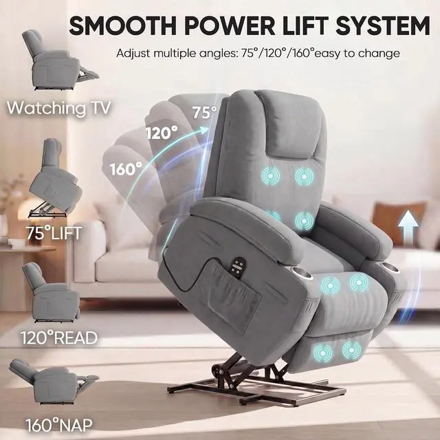 Alt view image 4 of 7 - Power Lift Chair Massage Recliner Chairs for Elderly - Ergonomic Design with Cup Holders & Side Pockets, Remote Control (Gray)