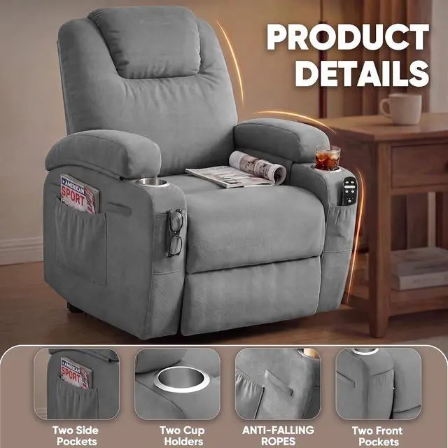 Alt view image 7 of 7 - Power Lift Chair Massage Recliner Chairs for Elderly - Ergonomic Design with Cup Holders & Side Pockets, Remote Control (Gray)