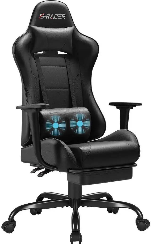 Main image of Gaming Chairs, Computer Chair with Footrest and Massage Lumbar Support, Height Adjustable Game Chair with Headrest and Swivel Seat (Black)