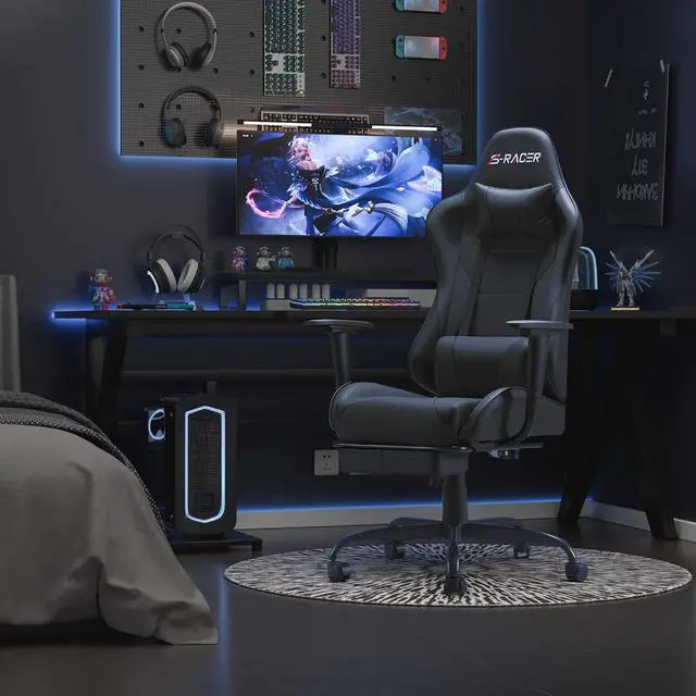 Alt view image 2 of 7 - Gaming Chairs, Computer Chair with Footrest and Massage Lumbar Support, Height Adjustable Game Chair with Headrest and Swivel Seat (Black)