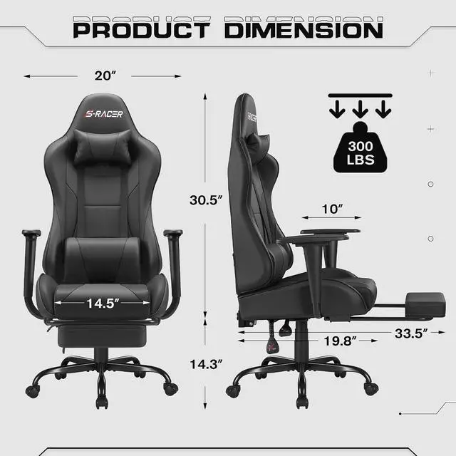 Alt view image 3 of 7 - Gaming Chairs, Computer Chair with Footrest and Massage Lumbar Support, Height Adjustable Game Chair with Headrest and Swivel Seat (Black)