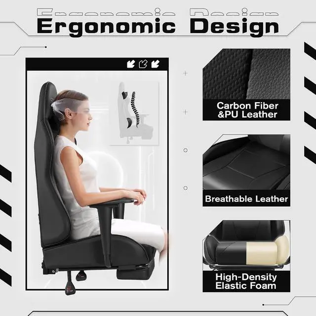 Alt view image 4 of 7 - Gaming Chairs, Computer Chair with Footrest and Massage Lumbar Support, Height Adjustable Game Chair with Headrest and Swivel Seat (Black)
