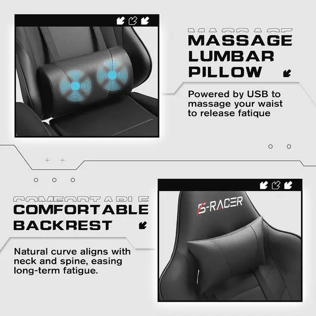 Alt view image 5 of 7 - Gaming Chairs, Computer Chair with Footrest and Massage Lumbar Support, Height Adjustable Game Chair with Headrest and Swivel Seat (Black)