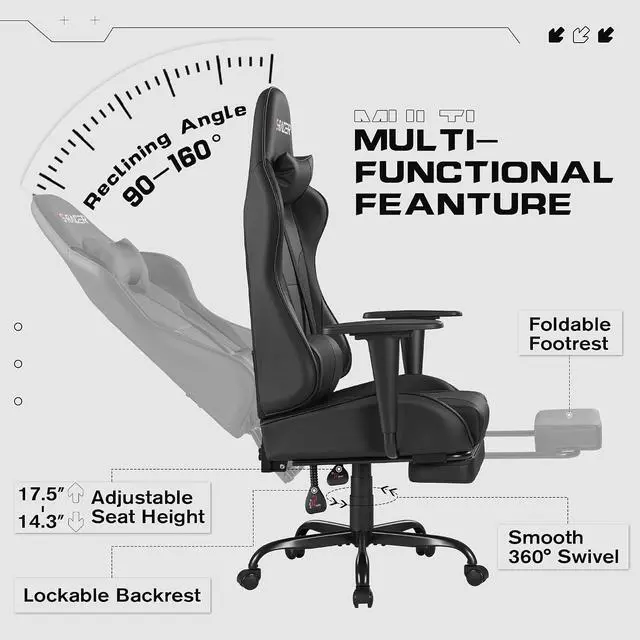 Alt view image 6 of 7 - Gaming Chairs, Computer Chair with Footrest and Massage Lumbar Support, Height Adjustable Game Chair with Headrest and Swivel Seat (Black)