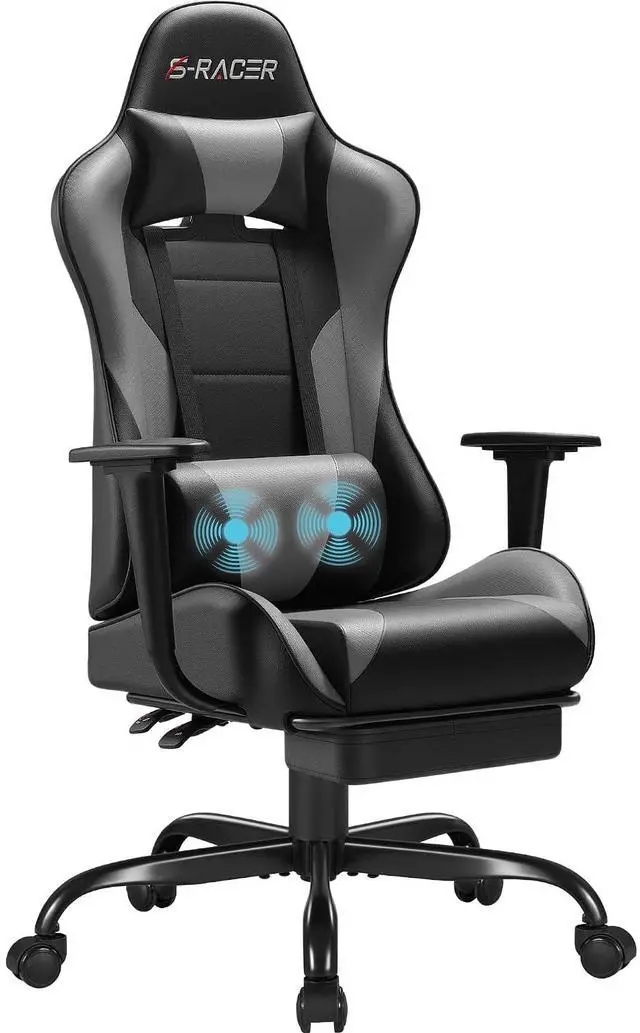 Main image of Gaming Chairs, Computer Chair with Footrest and Massage Lumbar Support, Height Adjustable Game Chair with Headrest and Swivel Seat (Light Grey)