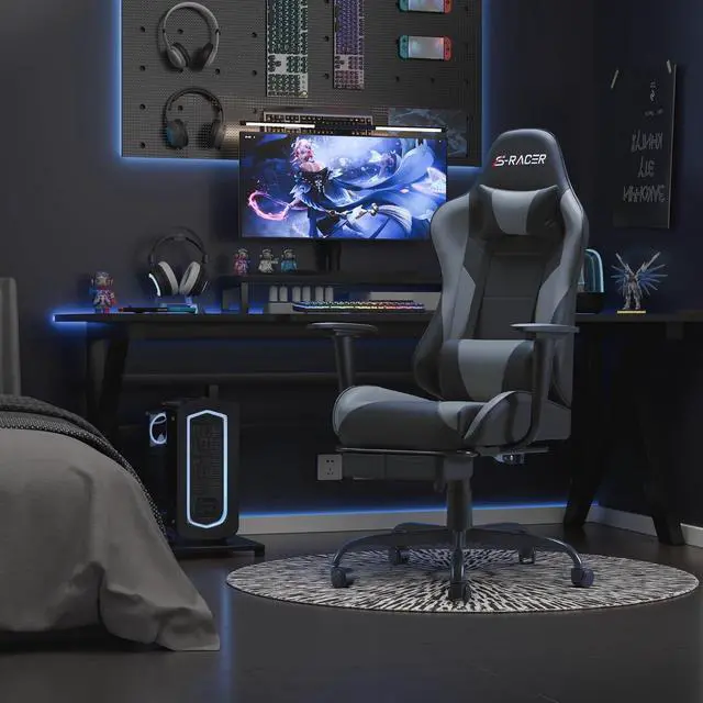 Alt view image 2 of 7 - Gaming Chairs, Computer Chair with Footrest and Massage Lumbar Support, Height Adjustable Game Chair with Headrest and Swivel Seat (Light Grey)