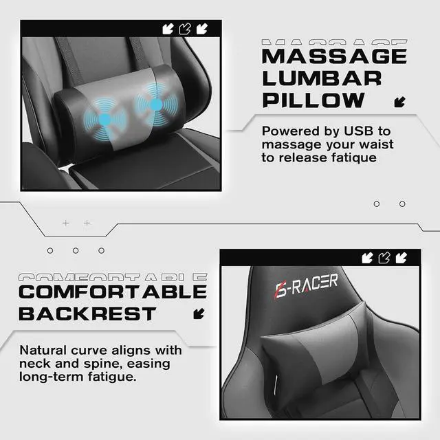Alt view image 5 of 7 - Gaming Chairs, Computer Chair with Footrest and Massage Lumbar Support, Height Adjustable Game Chair with Headrest and Swivel Seat (Light Grey)