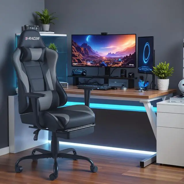 Alt view image 7 of 7 - Gaming Chairs, Computer Chair with Footrest and Massage Lumbar Support, Height Adjustable Game Chair with Headrest and Swivel Seat (Light Grey)