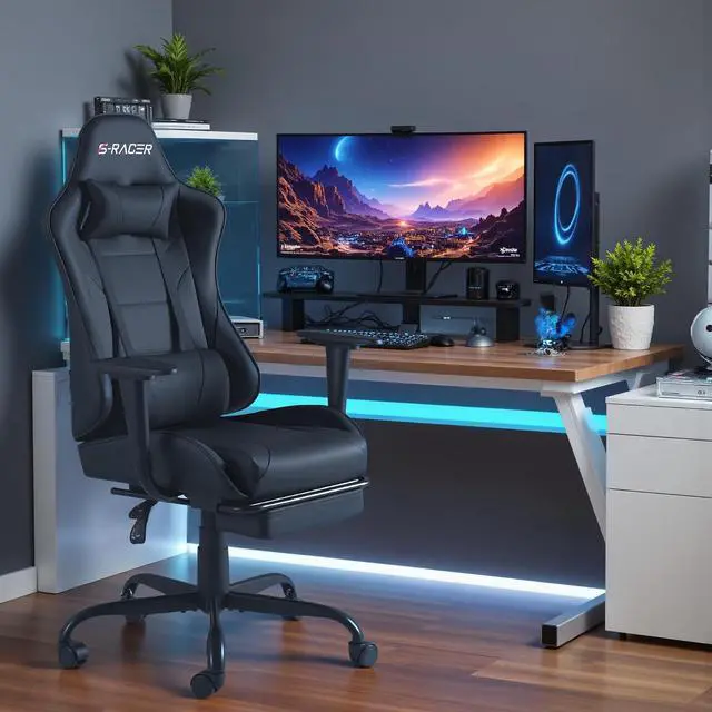 Alt view image 7 of 7 - Gaming Chairs, Computer Chair with Footrest and Massage Lumbar Support, Height Adjustable Game Chair with Headrest and Swivel Seat (Black)