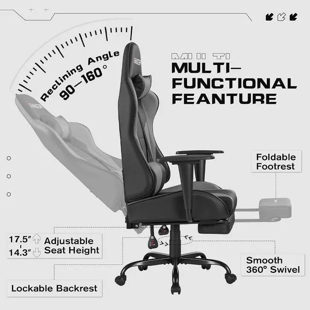Alt view image 6 of 7 - Gaming Chairs, Computer Chair with Footrest and Massage Lumbar Support, Height Adjustable Game Chair with Headrest and Swivel Seat (Light Grey)