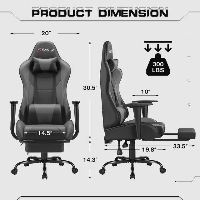 Alt view image 3 of 7 - Gaming Chairs, Computer Chair with Footrest and Massage Lumbar Support, Height Adjustable Game Chair with Headrest and Swivel Seat (Light Grey)