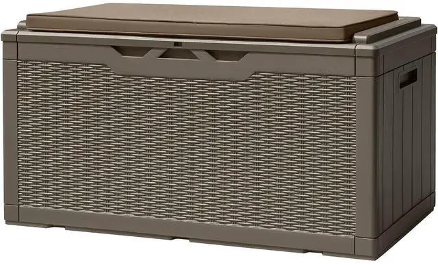 Main image of 100 Gallon Deck Box, Waterproof Resin Outdoor Storage Box with Cushion for Outside, Large Outdoor Storage Bench Cabinet Lockable for Patio Furniture and Garden Tools (Brown)