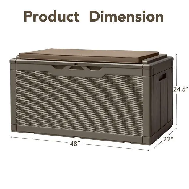 Alt view image 5 of 7 - 100 Gallon Deck Box, Waterproof Resin Outdoor Storage Box with Cushion for Outside, Large Outdoor Storage Bench Cabinet Lockable for Patio Furniture and Garden Tools (Brown)