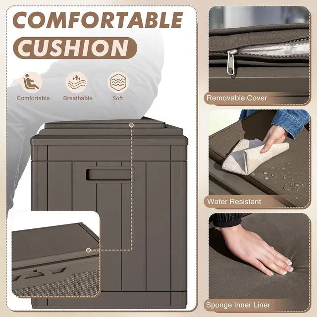 Alt view image 3 of 7 - 100 Gallon Deck Box, Waterproof Resin Outdoor Storage Box with Cushion for Outside, Large Outdoor Storage Bench Cabinet Lockable for Patio Furniture and Garden Tools (Brown)