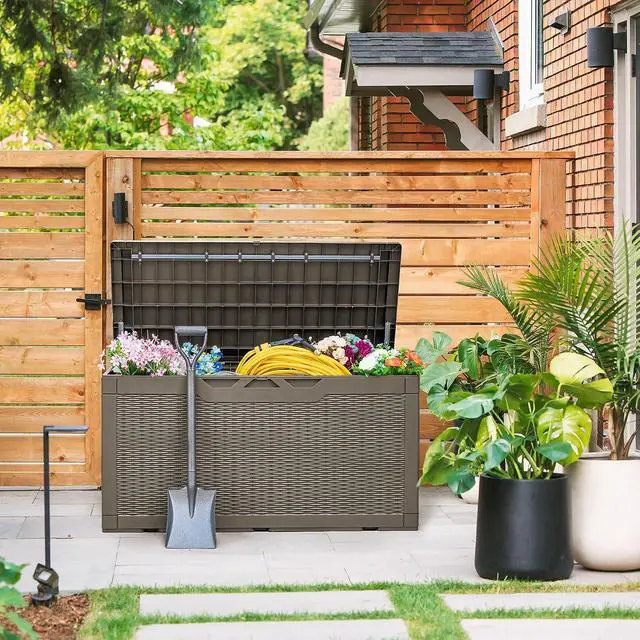 Alt view image 7 of 7 - 100 Gallon Deck Box, Waterproof Resin Outdoor Storage Box with Cushion for Outside, Large Outdoor Storage Bench Cabinet Lockable for Patio Furniture and Garden Tools (Brown)