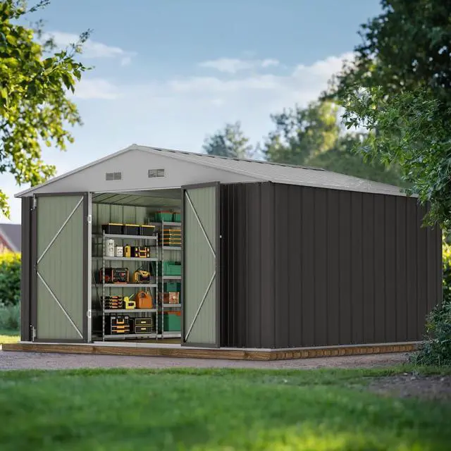 Main image of 10 x 10 FT Outdoor Storage Shed, Large Metal Garden Shed & Tool Sheds for Backyard Garden Patio Lawn (Grey)