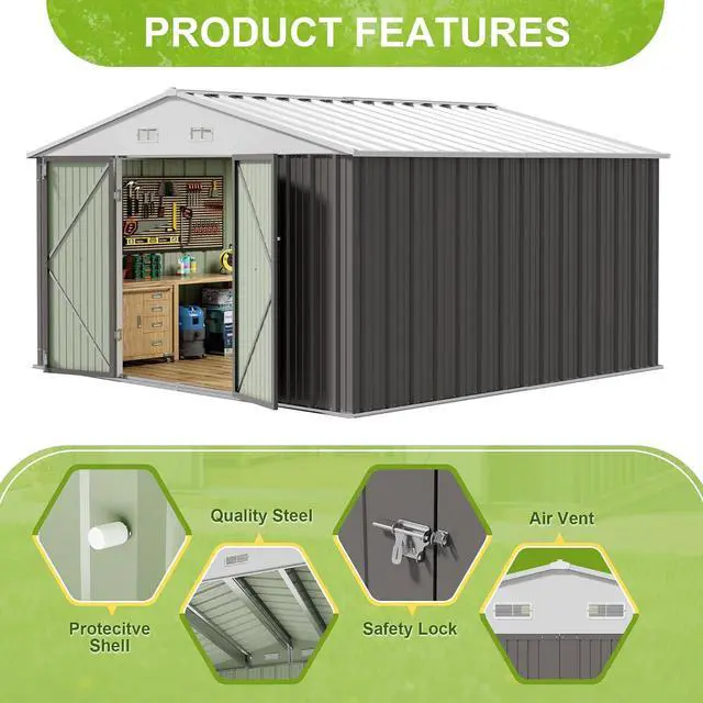 Alt view image 4 of 7 - 10 x 10 FT Outdoor Storage Shed, Large Metal Garden Shed & Tool Sheds for Backyard Garden Patio Lawn (Grey)