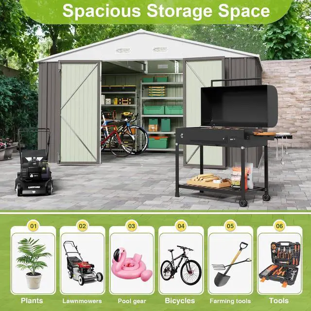 Alt view image 3 of 7 - 10 x 10 FT Outdoor Storage Shed, Large Metal Garden Shed & Tool Sheds for Backyard Garden Patio Lawn (Grey)