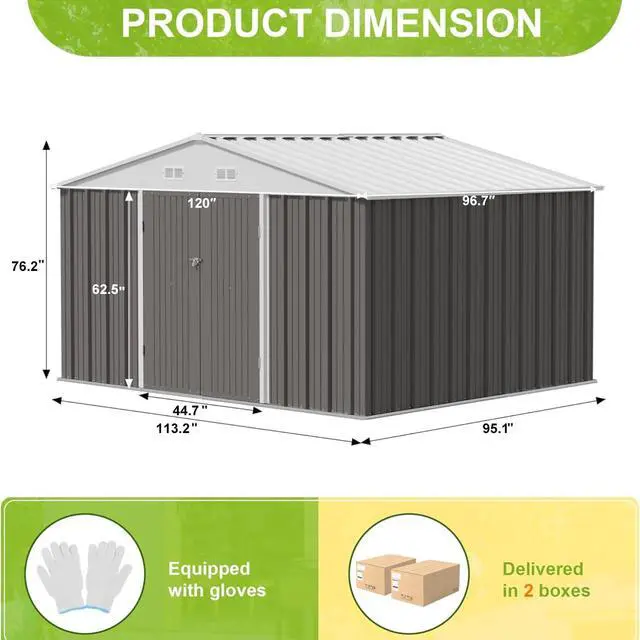 Alt view image 3 of 7 - 10 x 8 FT Outdoor Storage Shed, Large Metal Garden Shed & Tool Sheds for Backyard Garden Patio Lawn (Grey)