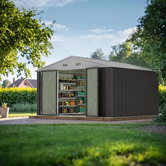 Alt view image 2 of 7 - 10 x 8 FT Outdoor Storage Shed, Large Metal Garden Shed & Tool Sheds for Backyard Garden Patio Lawn (Grey)