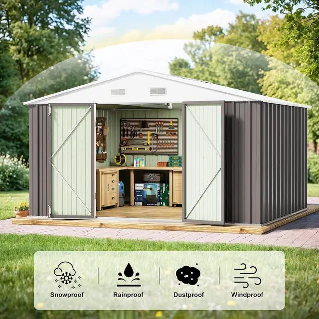 Alt view image 6 of 7 - 10 x 8 FT Outdoor Storage Shed, Large Metal Garden Shed & Tool Sheds for Backyard Garden Patio Lawn (Grey)
