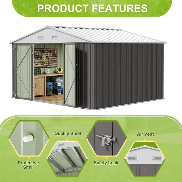 Alt view image 4 of 7 - 10 x 8 FT Outdoor Storage Shed, Large Metal Garden Shed & Tool Sheds for Backyard Garden Patio Lawn (Grey)