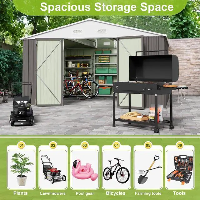 Alt view image 5 of 7 - 10 x 8 FT Outdoor Storage Shed, Large Metal Garden Shed & Tool Sheds for Backyard Garden Patio Lawn (Grey)