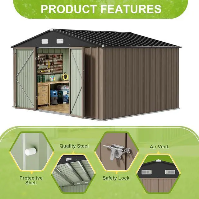 Alt view image 4 of 7 - 10 x 10 FT Outdoor Storage Shed, Large Metal Garden Shed & Tool Sheds for Backyard Garden Patio Lawn (Brown)