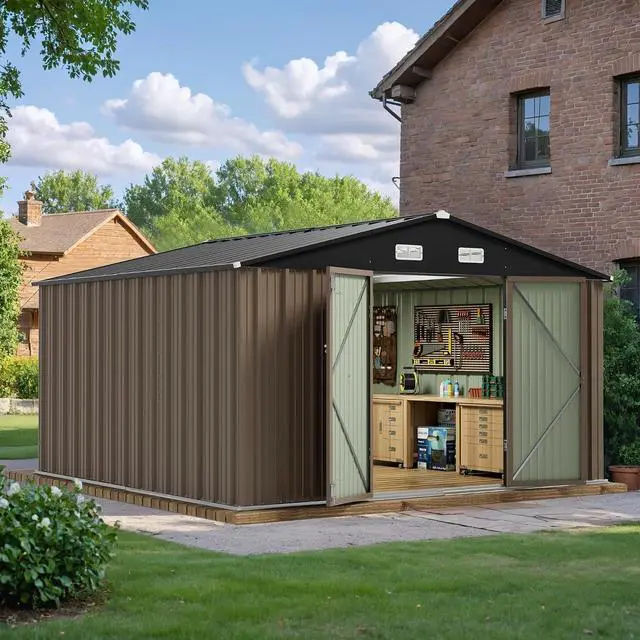 Alt view image 2 of 7 - 10 x 10 FT Outdoor Storage Shed, Large Metal Garden Shed & Tool Sheds for Backyard Garden Patio Lawn (Brown)
