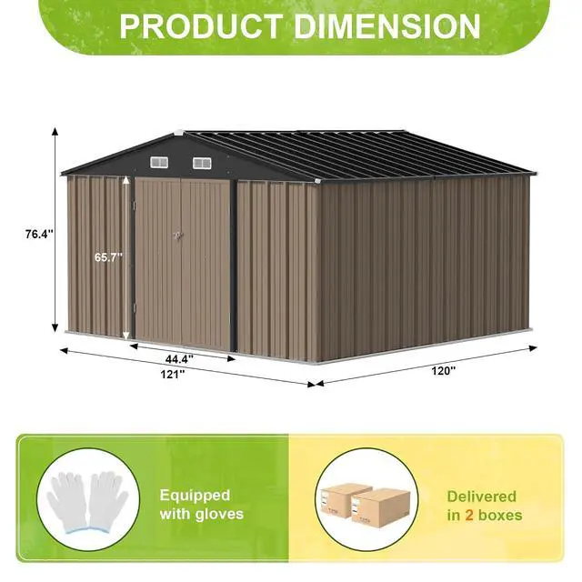 Alt view image 5 of 7 - 10 x 10 FT Outdoor Storage Shed, Large Metal Garden Shed & Tool Sheds for Backyard Garden Patio Lawn (Brown)