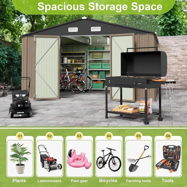 Alt view image 3 of 7 - 10 x 10 FT Outdoor Storage Shed, Large Metal Garden Shed & Tool Sheds for Backyard Garden Patio Lawn (Brown)