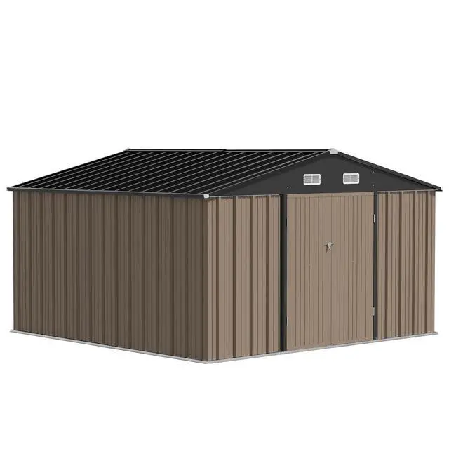 Alt view image 7 of 7 - 10 x 10 FT Outdoor Storage Shed, Large Metal Garden Shed & Tool Sheds for Backyard Garden Patio Lawn (Brown)