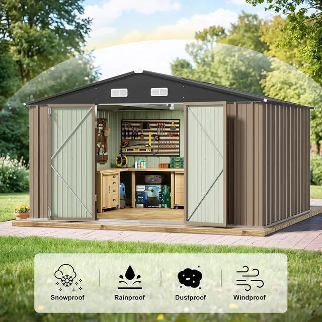 Alt view image 6 of 7 - 10 x 10 FT Outdoor Storage Shed, Large Metal Garden Shed & Tool Sheds for Backyard Garden Patio Lawn (Brown)
