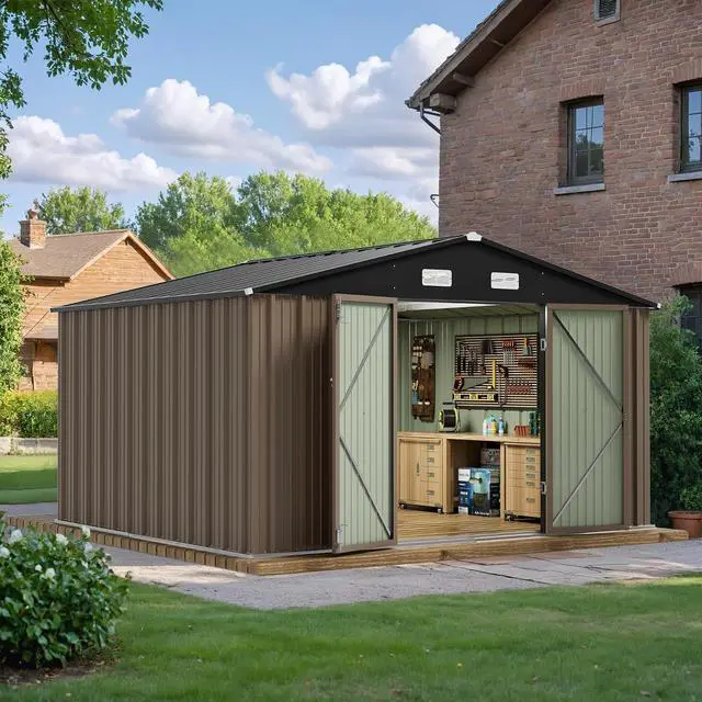 Main image of 10 x 8 FT Outdoor Storage Shed, Large Metal Garden Shed & Tool Sheds for Backyard Garden Patio Lawn (Brown)