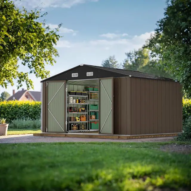 Alt view image 2 of 7 - 10 x 8 FT Outdoor Storage Shed, Large Metal Garden Shed & Tool Sheds for Backyard Garden Patio Lawn (Brown)
