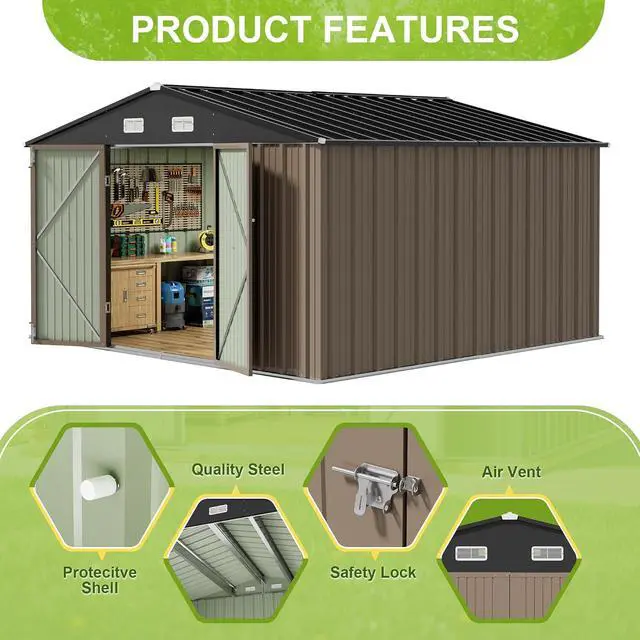 Alt view image 4 of 7 - 10 x 8 FT Outdoor Storage Shed, Large Metal Garden Shed & Tool Sheds for Backyard Garden Patio Lawn (Brown)