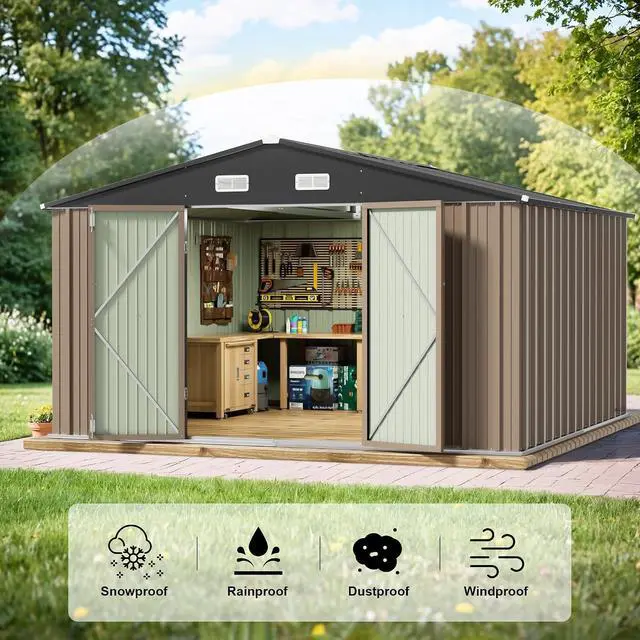 Alt view image 6 of 7 - 10 x 8 FT Outdoor Storage Shed, Large Metal Garden Shed & Tool Sheds for Backyard Garden Patio Lawn (Brown)