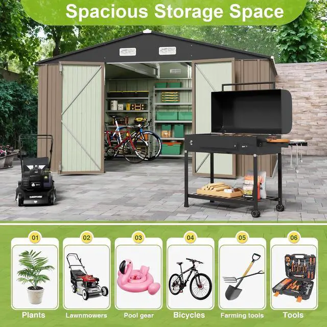 Alt view image 5 of 7 - 10 x 8 FT Outdoor Storage Shed, Large Metal Garden Shed & Tool Sheds for Backyard Garden Patio Lawn (Brown)