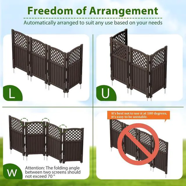 Alt view image 3 of 7 - Outdoor Privacy Fence, 4 Fence Panels Privacy Screen Panels for Outside and Yard, Resin Air Conditioner Lattice Fence for Trash Can (Brown)