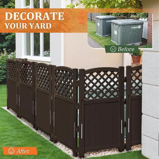 Alt view image 5 of 7 - Outdoor Privacy Fence, 4 Fence Panels Privacy Screen Panels for Outside and Yard, Resin Air Conditioner Lattice Fence for Trash Can (Brown)