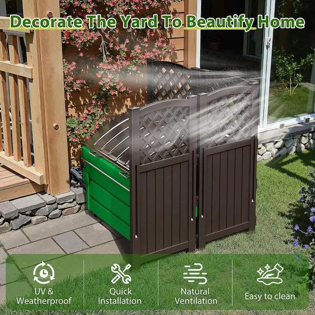 Alt view image 4 of 7 - Outdoor Privacy Fence, 4 Fence Panels Privacy Screen Panels for Outside and Yard, Resin Air Conditioner Lattice Fence for Trash Can (Brown)