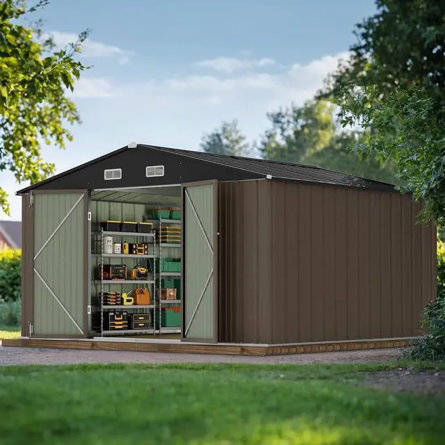 Main image of 10 x 10 FT Outdoor Storage Shed, Large Metal Garden Shed & Tool Sheds for Backyard Garden Patio Lawn (Brown)