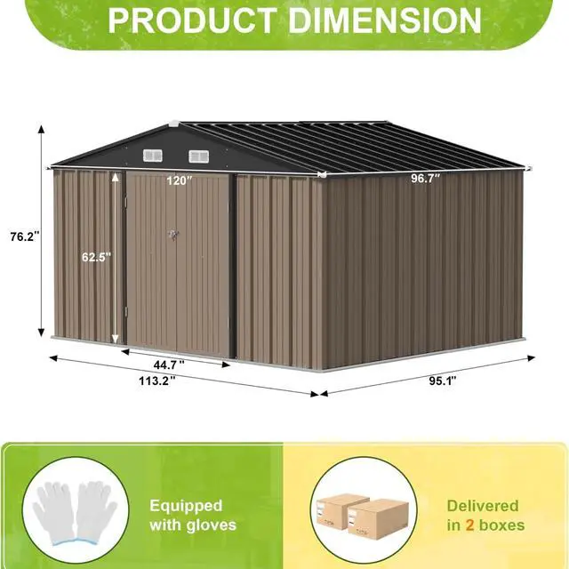 Alt view image 3 of 7 - 10 x 8 FT Outdoor Storage Shed, Large Metal Garden Shed & Tool Sheds for Backyard Garden Patio Lawn (Brown)