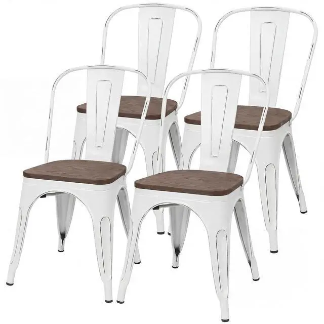 Main image of Metal Dining Chair Stackable Industrial Vintage Kitchen Chairs Indoor-Outdoor Bistro Cafe Side Chairs with Back and Wooden Seat Set of 4 (White)