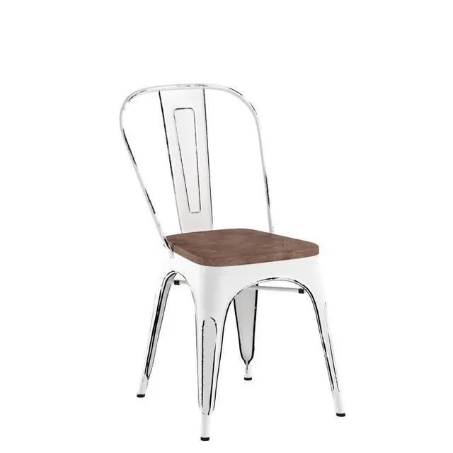 Alt view image 5 of 7 - Metal Dining Chair Stackable Industrial Vintage Kitchen Chairs Indoor-Outdoor Bistro Cafe Side Chairs with Back and Wooden Seat Set of 4 (White)