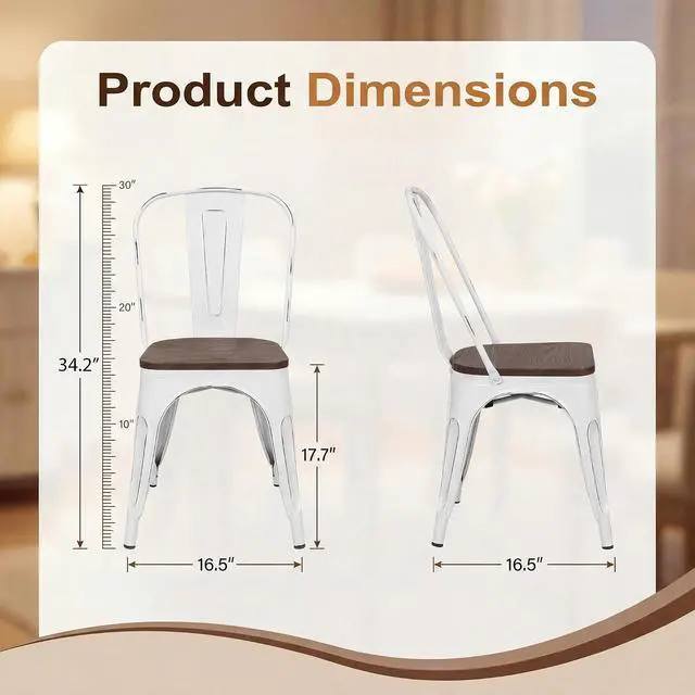 Alt view image 3 of 7 - Metal Dining Chair Stackable Industrial Vintage Kitchen Chairs Indoor-Outdoor Bistro Cafe Side Chairs with Back and Wooden Seat Set of 4 (White)