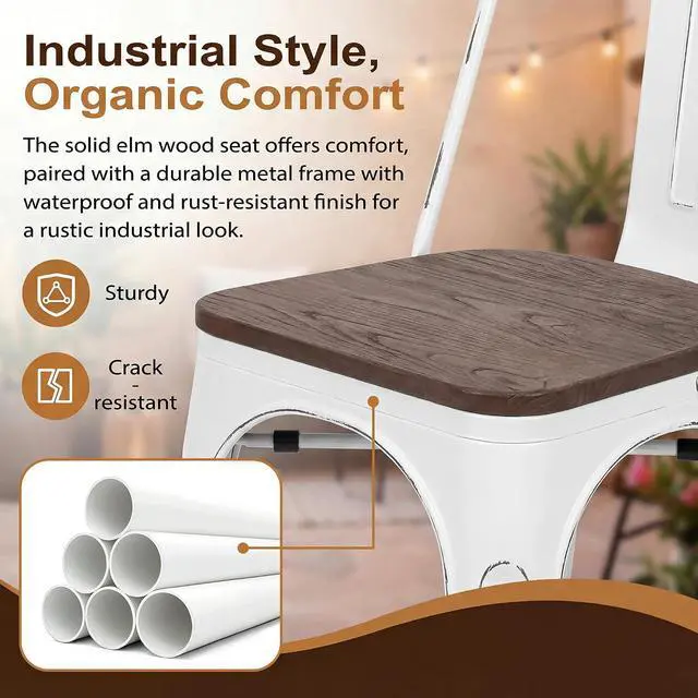 Alt view image 7 of 7 - Metal Dining Chair Stackable Industrial Vintage Kitchen Chairs Indoor-Outdoor Bistro Cafe Side Chairs with Back and Wooden Seat Set of 4 (White)