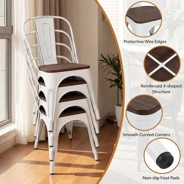 Alt view image 6 of 7 - Metal Dining Chair Stackable Industrial Vintage Kitchen Chairs Indoor-Outdoor Bistro Cafe Side Chairs with Back and Wooden Seat Set of 4 (White)